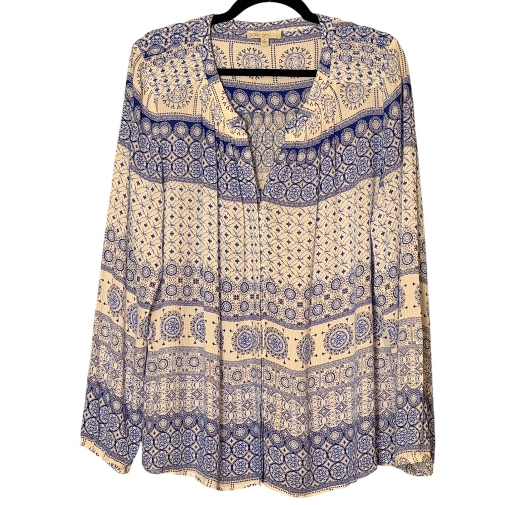 Pale Sky Medallion Blouse Large Blue Cream Boho Split Neck Long Sleeve